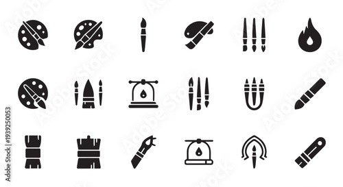 Paint Tools Icon Set, Paint Brush Roller and Palette Black Glyph Icons