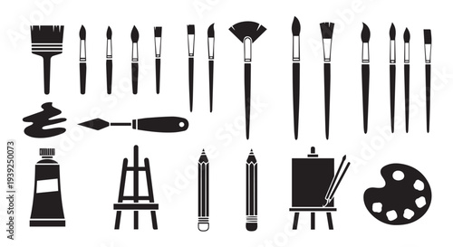 Paint Tools Icon Set, Paint Brush Roller and Palette Black Glyph Icons