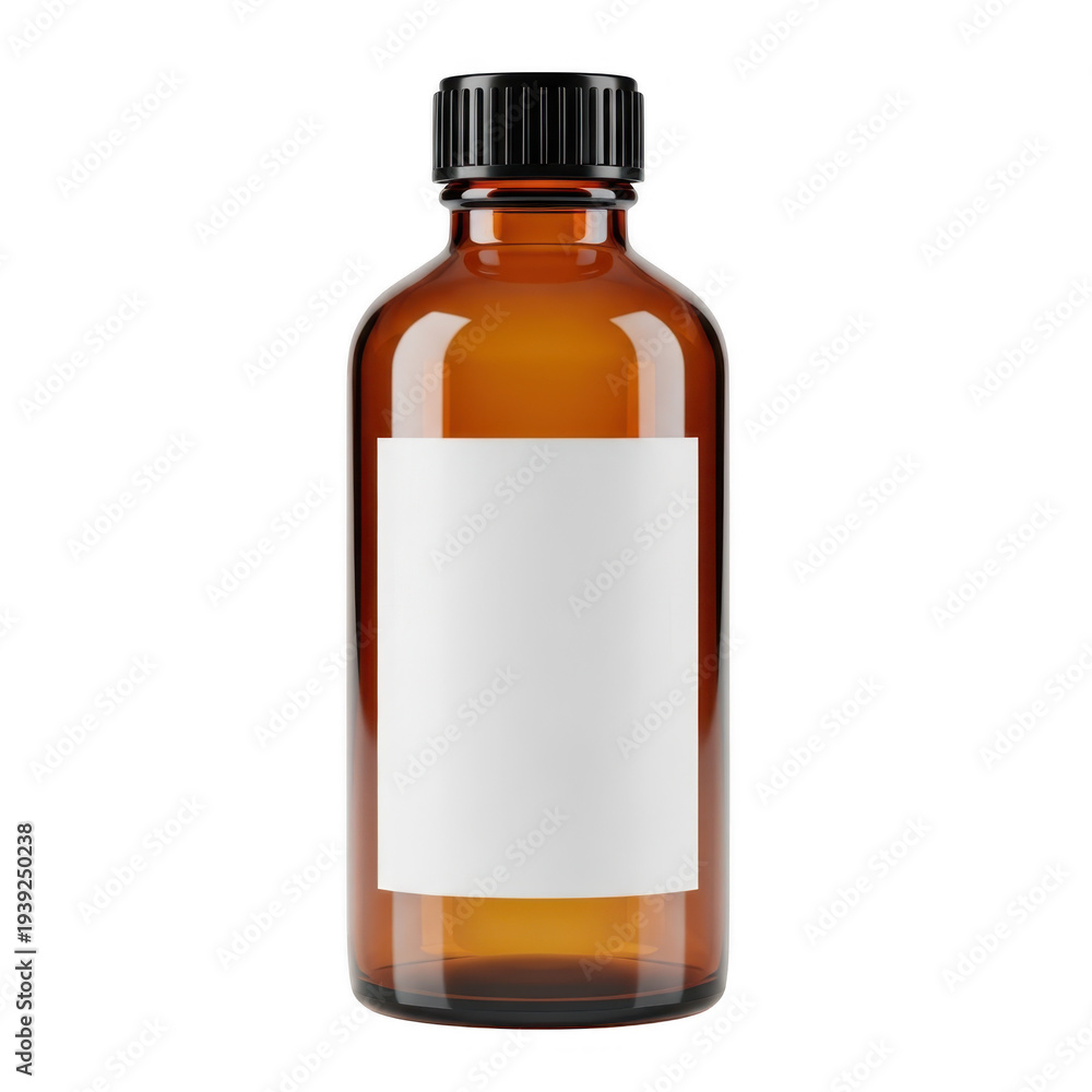 Obraz premium Blank amber glass bottle with black cap isolated on transparent background
