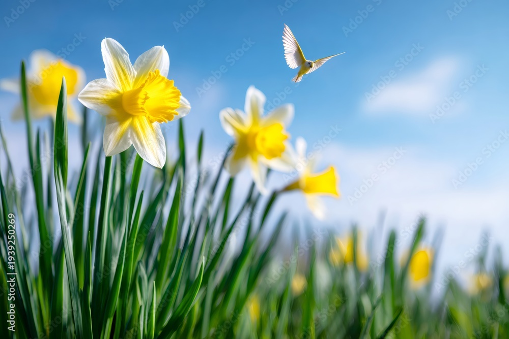 Fototapeta premium Low angle view of yellow daffodils and flying bird against blue sky. Spring nature background with flowers in meadow. Easter concept