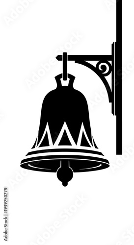 Vintage Bell Ornament Icon Hanging on Bracket: Classic Symbol of Announcement and Festive Ringing for Holidays, Celebrations, Religious Events, Notifications in Minimalist Black-and-White Graphic Illu