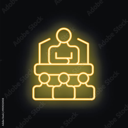Yellow glowing neon icon of a politician speaking from a tribune to the public during a meeting