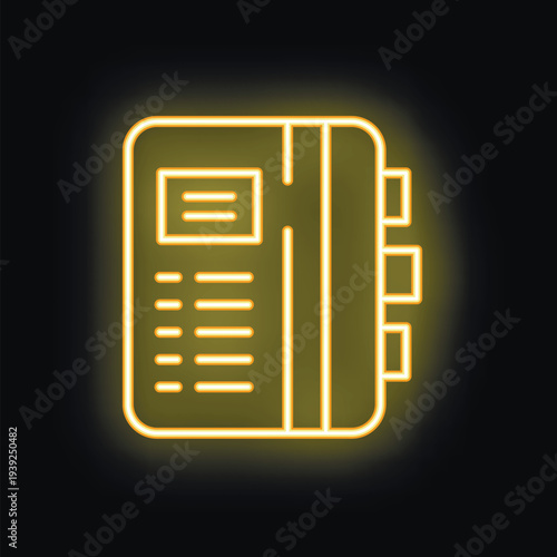 Bright yellow neon icon of a personal organizer glowing on a black background