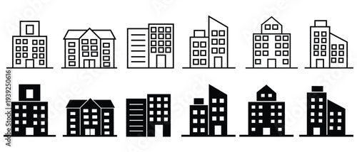 Building web icons in line style.House,office,building,architecture,city,hospital,school,bank,church,hotel,apartment,shopping mall, café , town house set. Vector illustration.