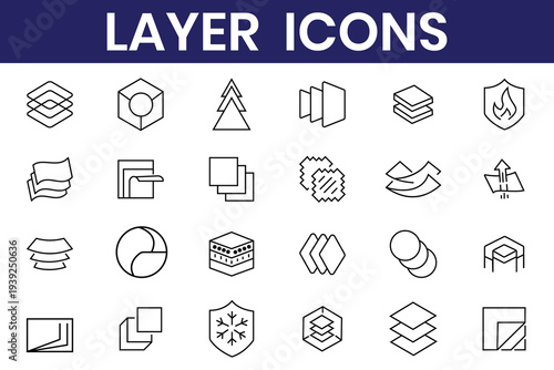 Layers icon set. Logo layers, levels, tiers, sheets icons. Fabric floor layers symbol absorbent of material stack vector. layer brush, move tool, selection tool, layer mask icon, clipping icon.