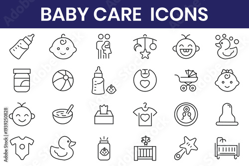 Baby care silhouette icon set. Baby care and newborn outline icon set with feeding, sleeping, bathing, clothing, toys, and parenting symbols.