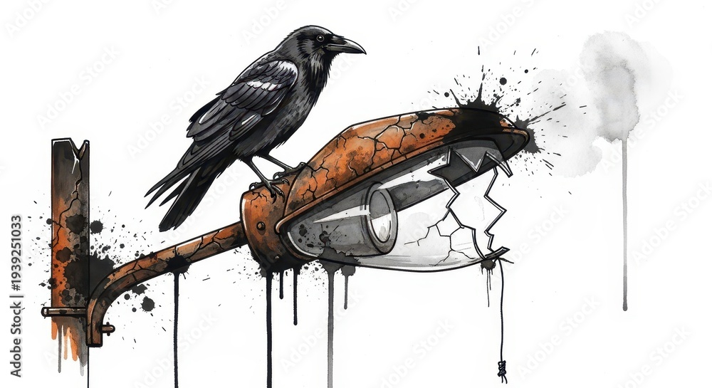 Fototapeta premium Dark bird perches atop a heavily corroded and broken outdoor lighting fixture