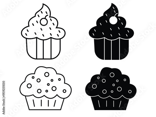 Cup cake icon vector. Cup cake sign and symbol. Cupcake silhouette set with different frosting styles, black vector bakery dessert icons .