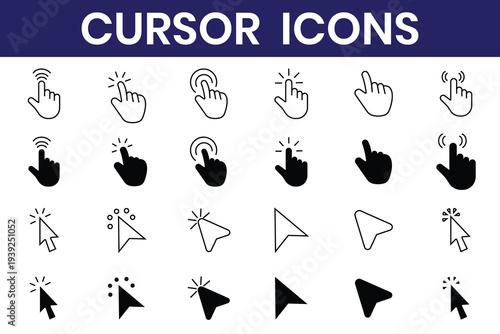 Mouse click cursor icon set. Cursor set in arrow forms. Hand clicking button icons. Modern computer cursor and hand icons for digital design. Click arrow icons, vector illustration