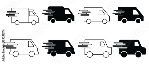 
Delivery truck icons, shipping vehicles, transportation symbols, express service, commercial logistics. Fast shipping truck. Free delivery 24 hours. Flat delivery vehicle vector icons 