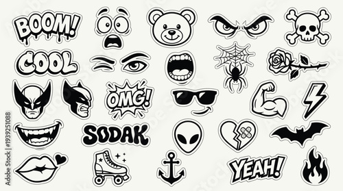 Collection of various tattoo designs and emoticon expressions