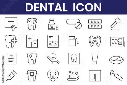 Dental icon set. Variety of dental care icons Containing tooth, dentist, toothpaste, toothbrush, teeth, implant and dentistry icons. 