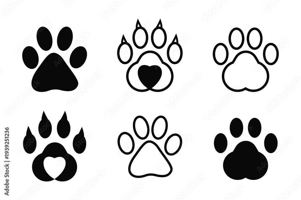 Fototapeta premium Paw print simple icons. Dog or cat paw print flat icon for animal apps and websites. . Paw footprint icon set, paw print icons in different style, cute animal