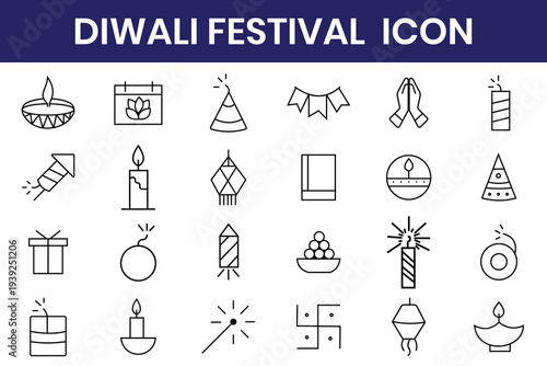 happy diwali india festival, deepavali religion celebration event line style icons.Hindu festival celebration icons set.fireworks, temple, mandala, ornaments, gifts, crown, cultural celebration symbol
