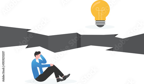 Professional Sitting Sad Before Idea Bulb across Chasm