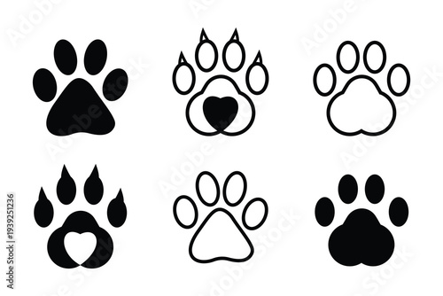 Paw print simple icons. Dog or cat paw print flat icon for animal apps and websites. . Paw footprint icon set, paw print icons in different style, cute animal