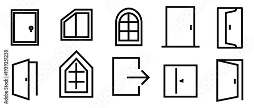 Door icons set. Open, close and ajar door. Doors collection. Login and logout icons. Set of sign out, Sign in vector icon.  Outline vector illustration collection Isolated on white background.