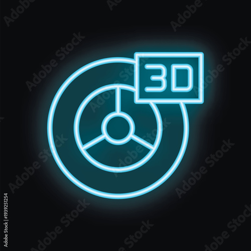 Blue neon sign depicting a 3d printing filament reel glowing on a black background