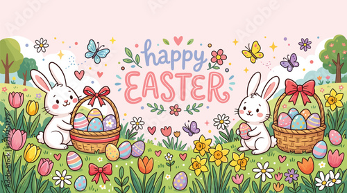 Happy easter celebration with bunnies and colorful eggs in a vibrant floral field