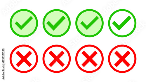 Business decision icons with green checkmark and red cross symbols for pass and fail on white background