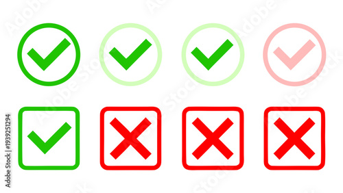Colorful check mark and cross symbol icons set for approval validation and decision making concepts