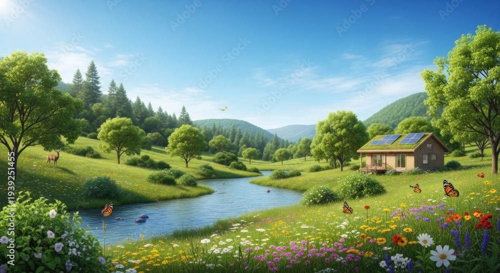 Obraz premium A serene, picturesque landscape featuring a small house nestled among lush greenery, a winding river, and a clear blue sky with a few scattered clouds. 