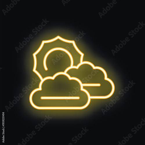 Bright yellow neon weather icon of a sun hiding behind clouds on a black background