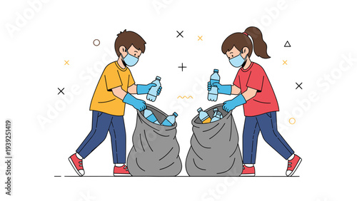 Dedicated boy and girl, both wearing face masks and gloves, actively collecting plastic bottles into bags for recycling, promoting environmental protection.