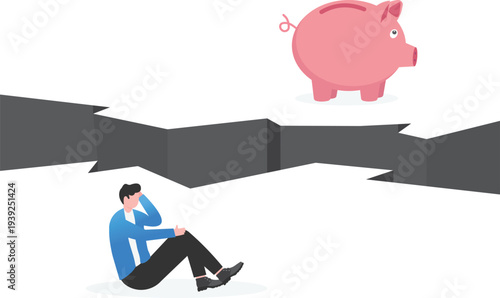 Professional Sitting Sad Before Piggy Bank across Chasm