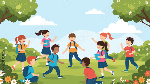 Joyful group of diverse children happily playing together outdoors in a lush green park, surrounded by trees and distant houses.