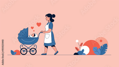 Caring mother pushing a blue vintage-style baby stroller with her infant inside, against a background with abstract decorative elements.