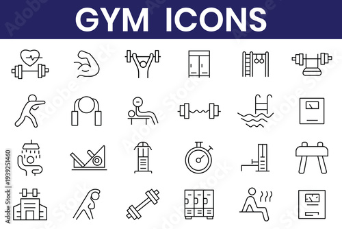 Gym icons. Gym and fitness icon set. Containing healthy lifestyle, weight training, body care and workout or exercise equipment icons.
