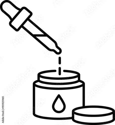 Black and white line drawing of a dropper dropping a single drop into a small jar with a droplet on the front