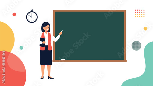 Friendly female teacher standing confidently in front of a blank blackboard, holding books and pointing with a piece of chalk, ready to teach.