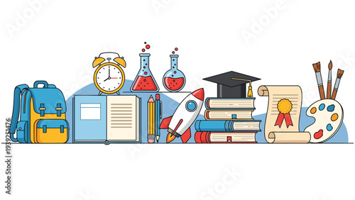 Diverse assortment of school supplies and educational items, including a backpack, alarm clock, beakers, rocket, books, diploma, and art palette, symbolizing learning.