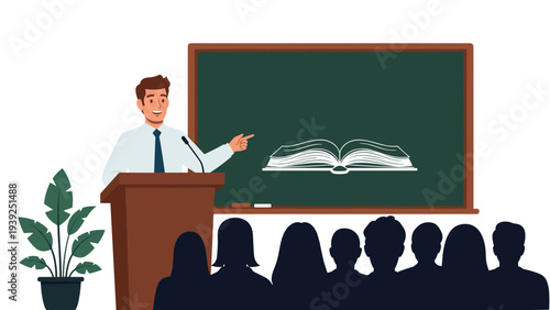 Smiling male teacher giving an engaging lecture from a podium in front of a seated audience, with a blackboard displaying an open book illustration.
