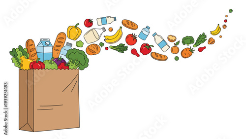 Abundant brown paper bag overflowing with a vibrant array of fresh groceries, including fruits, vegetables, and drinks, dynamically flying out.