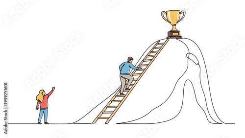 Motivated man climbing a long ladder towards a golden trophy perched on a mountain peak, with a supportive woman cheering him on from below.