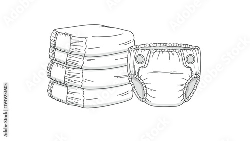 Monochrome line drawing depicting a stack of four disposable baby diapers and a single reusable cloth diaper, illustrating baby care essentials.