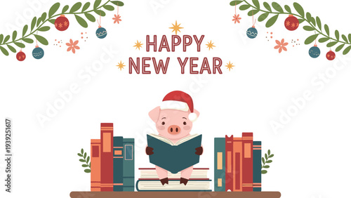 Adorable pig wearing a Santa hat, diligently reading a book while sitting on a pile of books, with "Happy New Year" text and festive decorations.