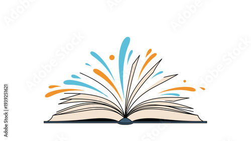 Open book with vibrant colorful splashes and creative sparks bursting forth from its pages, symbolizing imagination, knowledge, and inspiration.