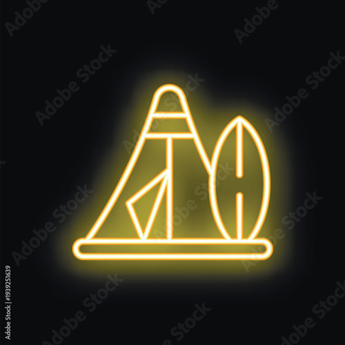 Glowing neon sign representing a camping tent and a surfboard, evoking summer holidays and outdoor activities