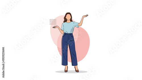 Confident young woman standing with open palms, gesturing as if presenting or showing something, against a modern abstract background.