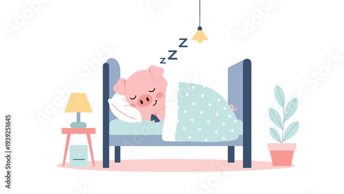 Adorable pink pig comfortably sleeping soundly under a polka-dot blanket in a cozy bed, with "Zzz" symbols indicating deep rest.
