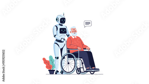 Advanced robot gently assisting an elderly man seated in a wheelchair, representing future healthcare, companionship, and technological aid for seniors.
