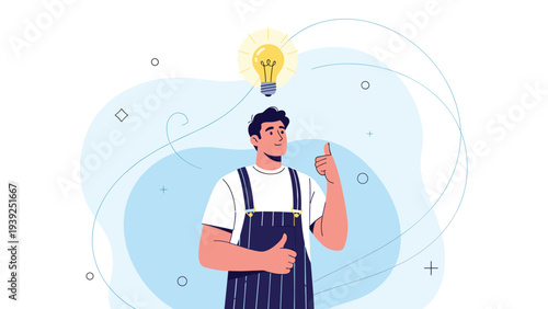 Cheerful man in overalls with a glowing lightbulb idea above his head, confidently giving a thumbs-up gesture, symbolizing creativity and approval.