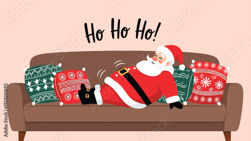 Jovial Santa Claus happily lounging and relaxing on a comfortable couch adorned with festive Christmas pillows, with "Ho Ho Ho!" text above.