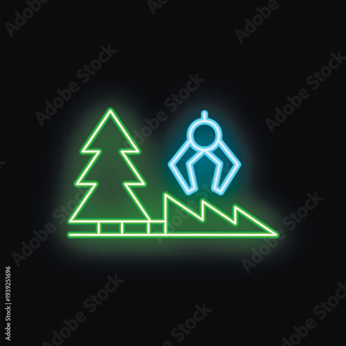 Neon icon representing deforestation with a robotic arm cutting down trees for paper production