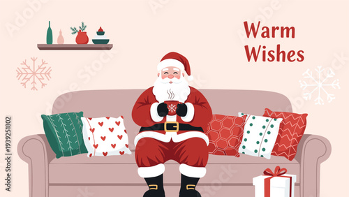 Cheerful Santa Claus enjoying a warm beverage while relaxing on a comfortable couch with festive pillows, accompanied by "Warm Wishes" text and snowflakes.