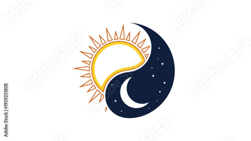 Dynamic yin-yang style logo combining a vibrant sun and a starry crescent moon, representing the balance of day and night, and cosmic harmony.